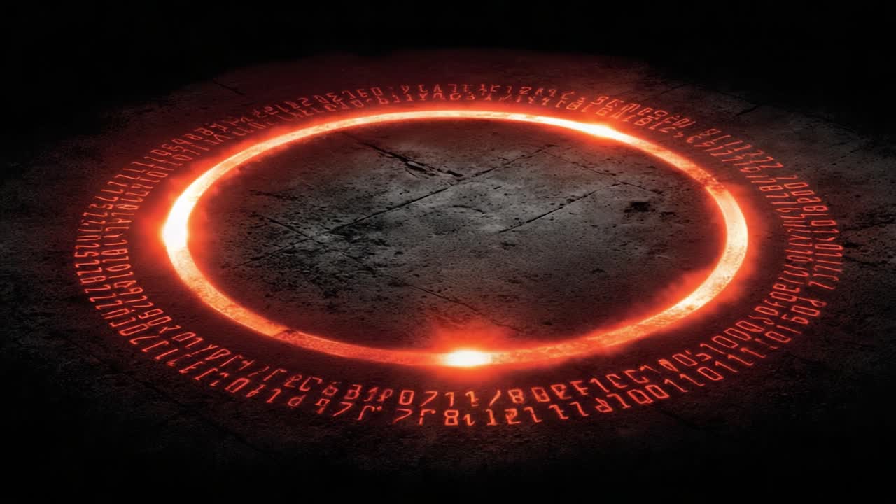 Mysterious glowing circular glyph inscribed with symbols, illuminating a dark surface with its vibrant red glow, evoking ancient magic and intrigue