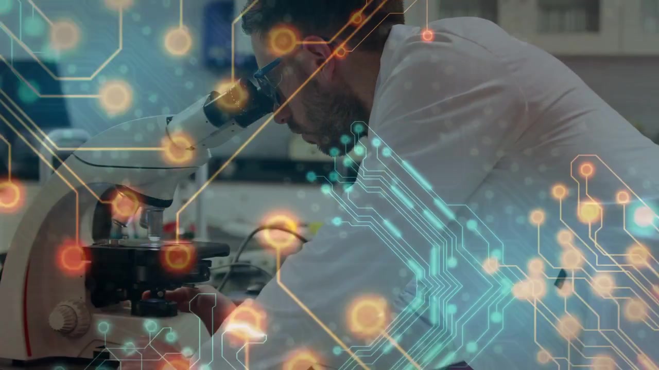 Researcher leaning into eyepiece, adjusting focus for analysis while circuit overlay obscuring view