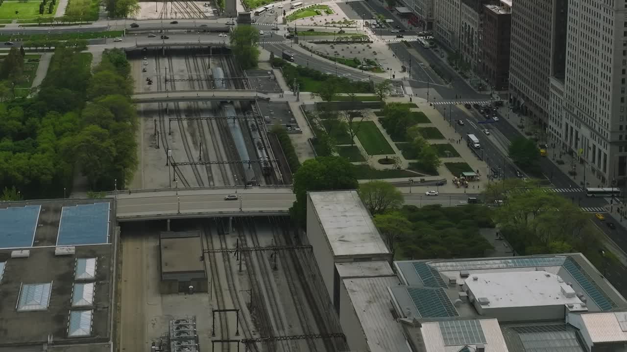 Aerial view of Chicago showing train tracks and city buildings