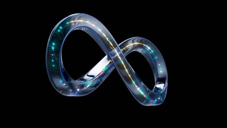 símbolo de infinito de vidrio con neón en rotación en bucle animación 360 con canal alfa