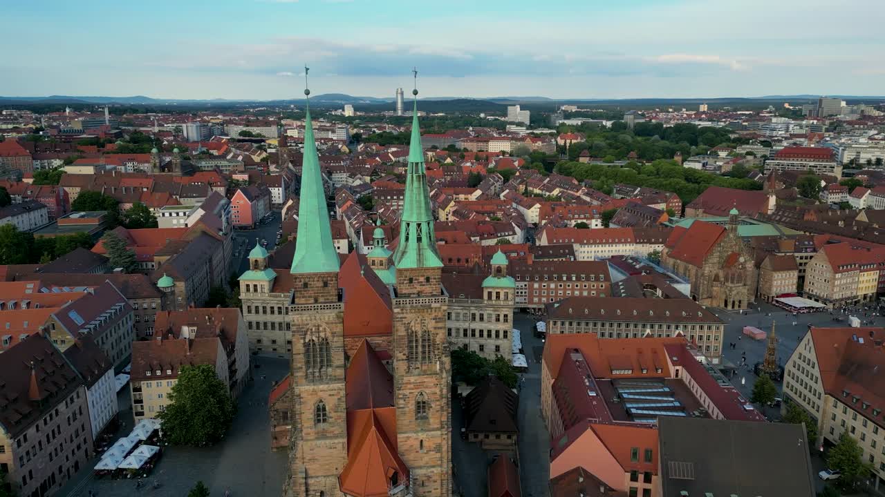 4K Aerial Drone Video of Beautiful Sebalduskirche Church with twin spiers in Nurnberg, Germany - Truck right