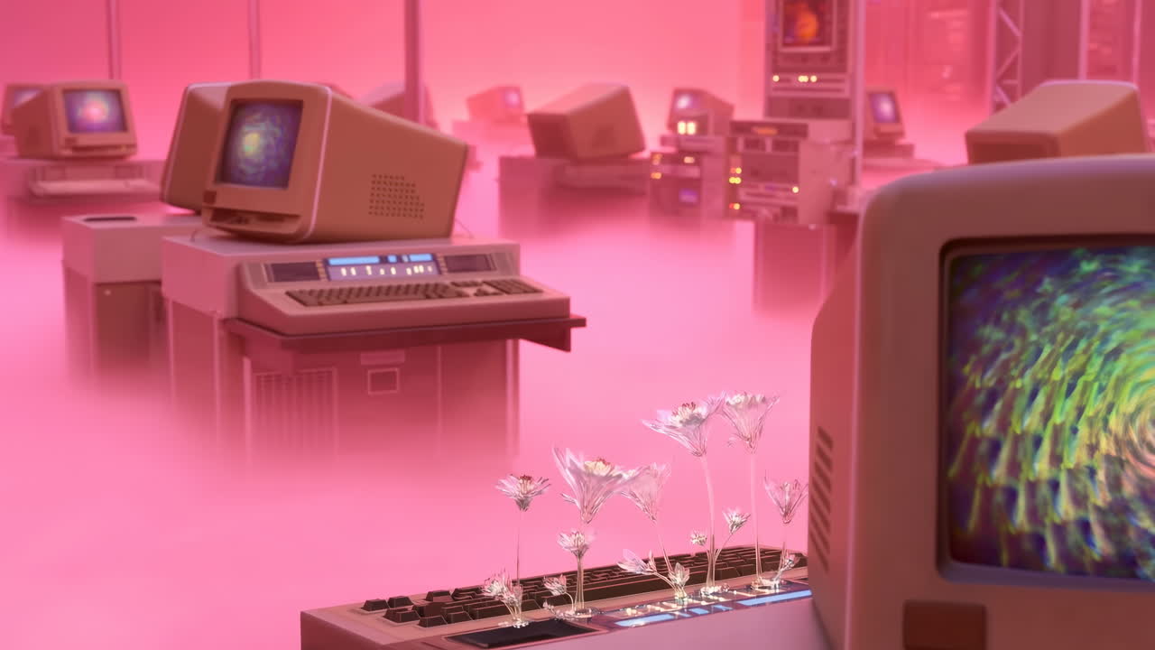 Retro počítačová laboratoř ponořená do růžové mlhy valící se po podlaze, řady béžových monitorů zobrazují vířící.
