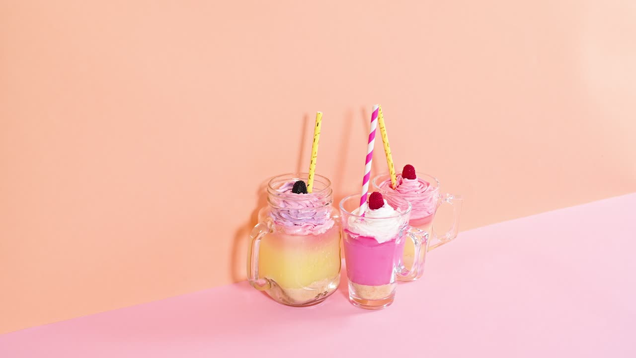 오렌지 분홍색 테마에 크림 컵과 함께 3 개의 푸딩으로 환호합니다. 움직임을 멈추십시오.