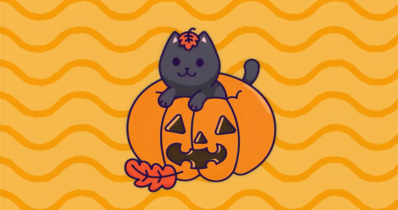 Gatto cartone animato su una zucca che osserva strisce scivolare mentre apre gli occhi, sbattendo le palpebre per un loop autunnale senza interruzioni.