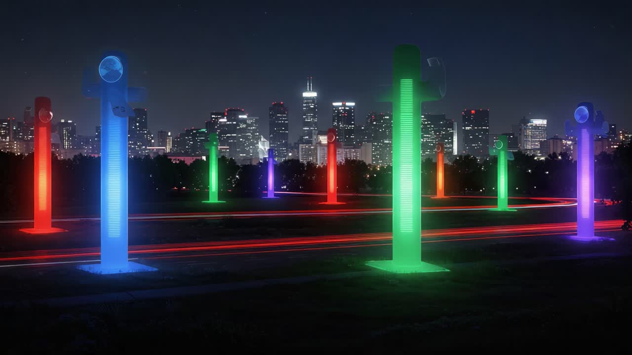A Stunning Display of Colorful Light Structures Against a City Skyline: Neon Pillars Illuminate the Night in an Artistic Urban Landscape