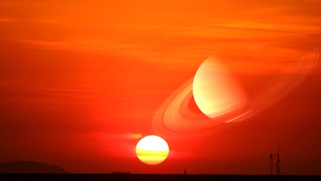 saturn near earth on sunset sky and light yellow cloud moving pass over the sea