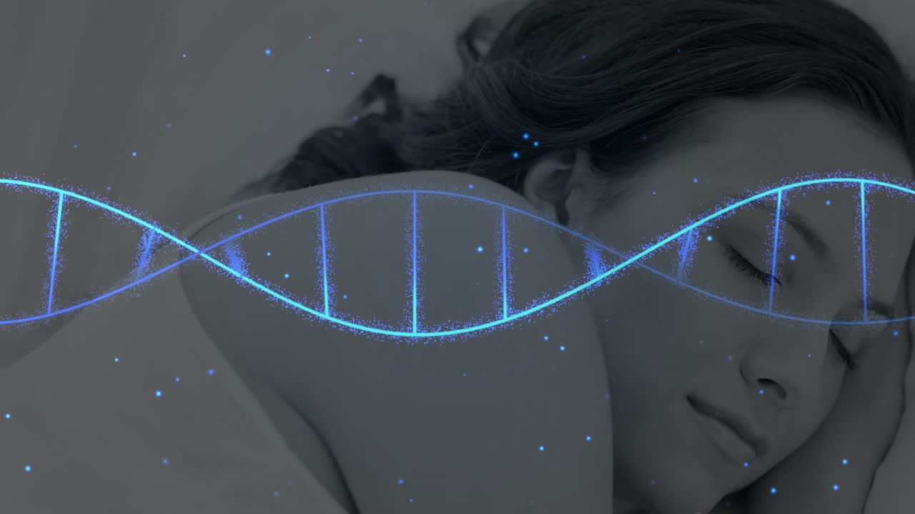 左から現れる青い輝きが、眠っている女性の上で健康モニタリングのためにDNAらせんを成長させる。