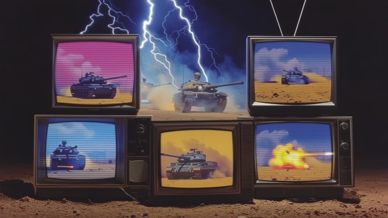 Surrealistiske opptak av vintage CRT-TVer stablet i en ørken, der hver skjerm viser militærtanker og eksplosjoner under lyn, som symboliserer propaganda og konfliktnyheter