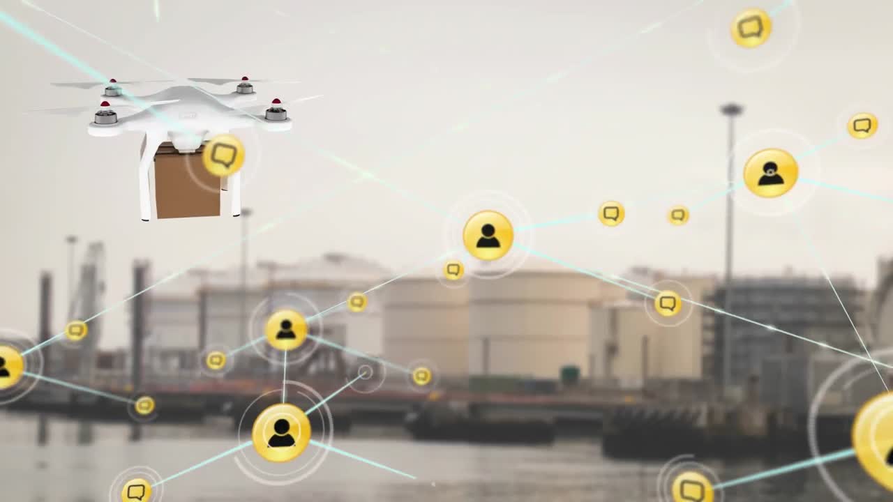 항구에서 배달 상자를 운반하는 드론에 대한 디지털 아이콘 네트워크의 애니메이션