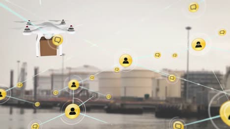 animación de una red de iconos digitales contra un dron que lleva una caja de entrega en un puerto