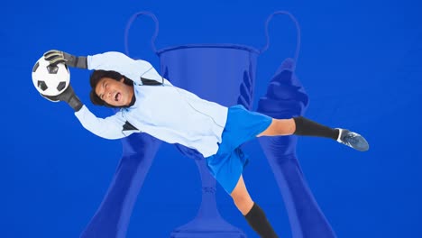 Animation-of-caucasian-football-goalkeeper-with-ball-over-man-holding-winning-cup-on-blue-background