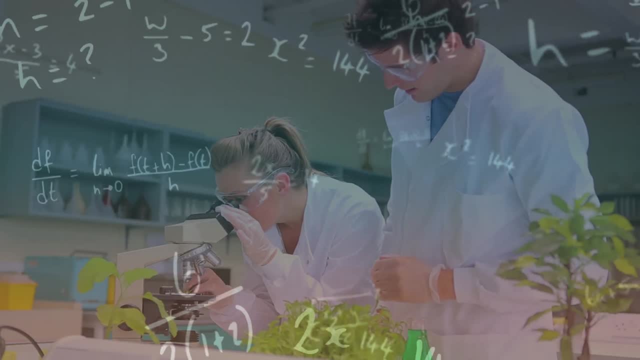 animación de ecuaciones matemáticas sobre diversos científicos en el paisaje urbano del laboratorio