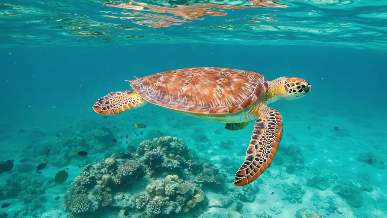 Majestic Sea Turtle Gliding Through Crystal Clear Waters, Showcasing Its Vibrant Colors and Graceful Movements Above a Lively Coral Reef Environment
