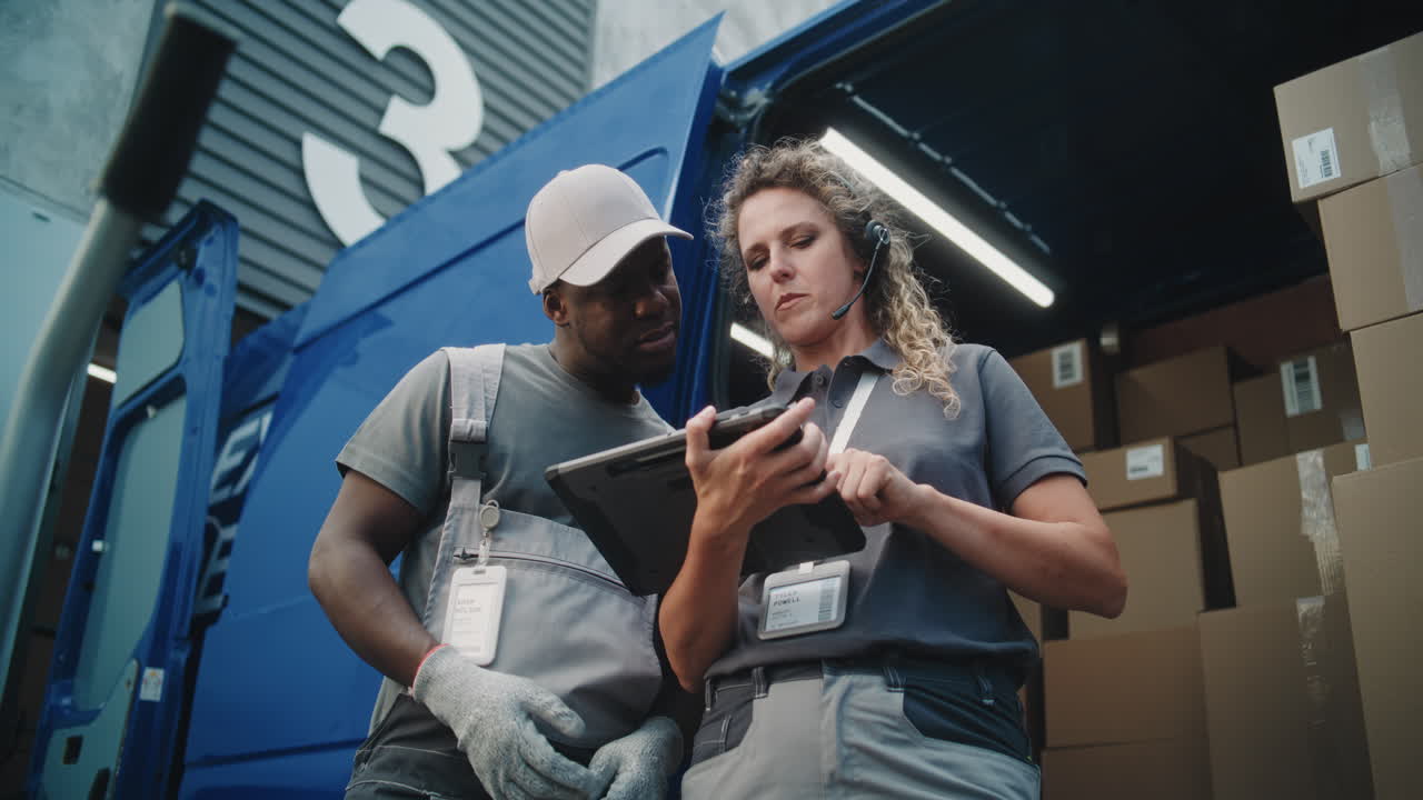Delivery Team Working with Digital Tablet at Logistics Hub