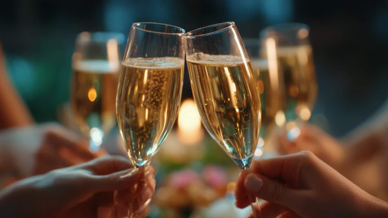 Celebration Moment: A Toast with Sparkling Champagne Glasses Surrounded by Friends at a Cozy Dinner Gathering, Complete with Soft Candlelight and Delicious Treats, Perfect for Any Joyful Occasion