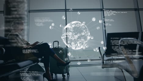 animation of financial data processing over caucasian woman at airport