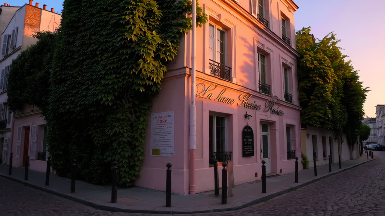 La Maison Rose on a Cobblestone Street in Montmartre, Paris at Sunset