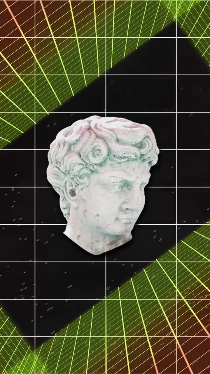Animazione di interferenze su una scultura con forme e linee su sfondo nero