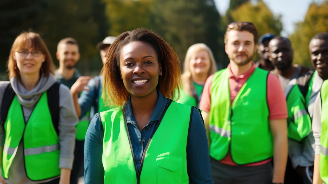 Diverse Group of Volunteers Wearing Safety Vests Outdoors