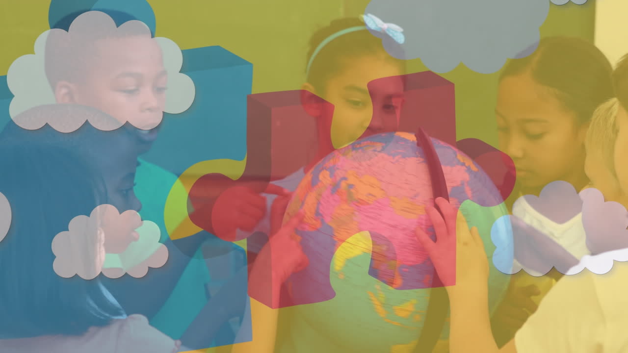 다양한 학교 아이들 위에 구름 아이콘을 가진 퍼즐 조각의 애니메이션.