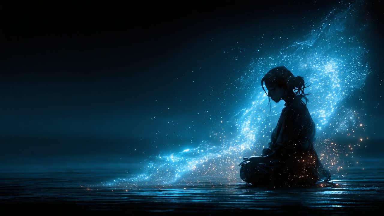 Un'esplorazione serena della riflessione cosmica: catturare l'essenza della pace interiore e della meraviglia cosmica attraverso una silhouette meditativa in un paesaggio marino notturno stellato.