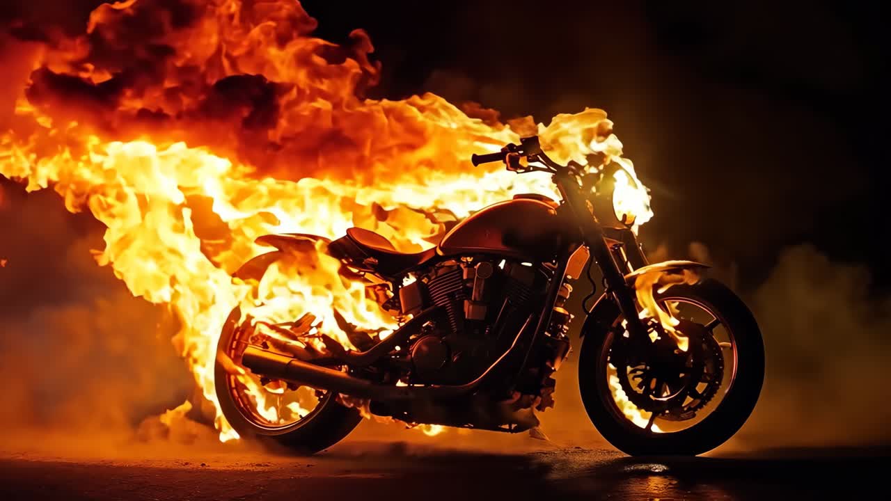 모터사이클이 어두운 도로에서 불꽃에 싸여 있다