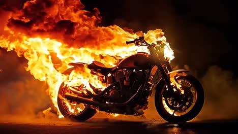 una motocicleta está envuelta por llamas en una carretera oscura
