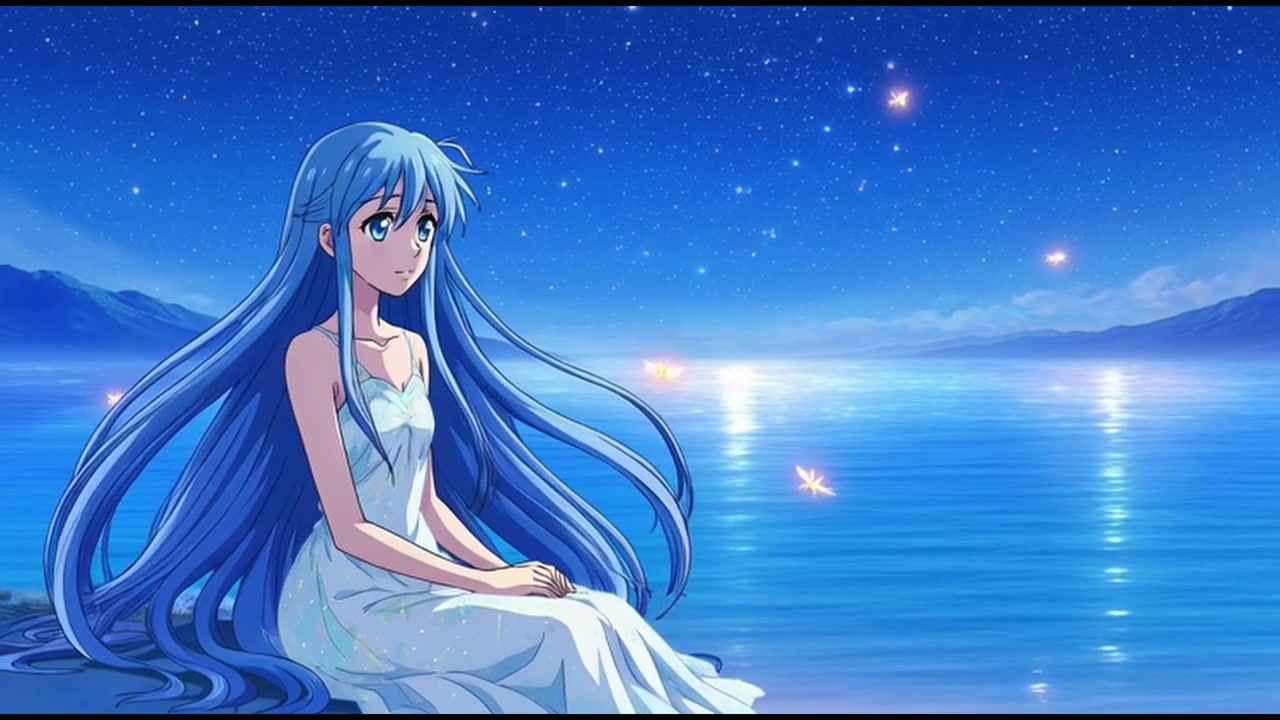 Ragazza anime seduta in riva al mare sotto un cielo notturno stellato
