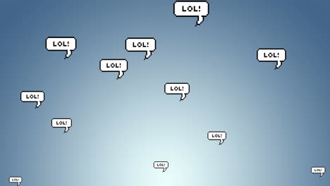 animación digital de texto lol en múltiples burbujas de habla flotando contra un fondo azul