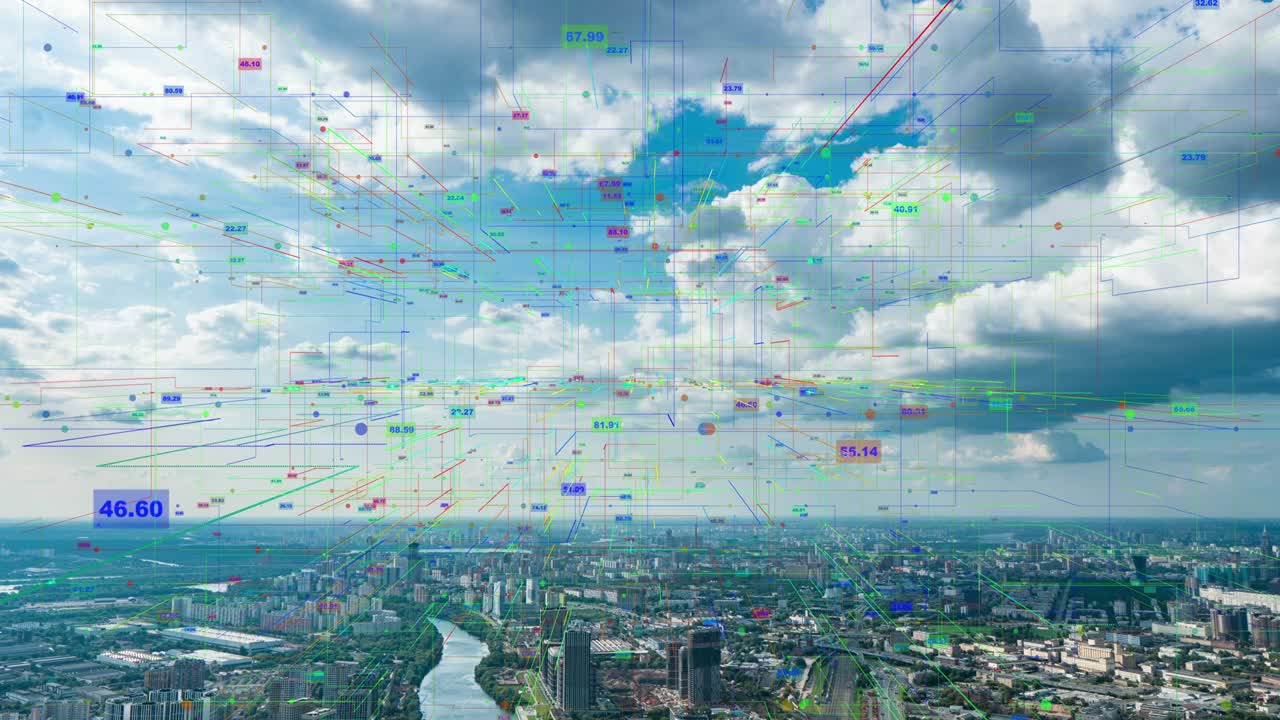 스마트 시티 항공 드론 영상 홀로그램 정보 아치 네트워크 통신 동안 형성 미래의 네트워크 및 기술 5g 드론 낮은 빛 4k 비디오 루프, 타임 라프