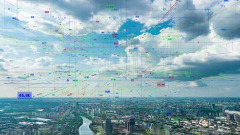 smart city aerial drone footage hologram information arches forming during network communication futuristic network and technology 5g drone low light 4k. video loop, time lapse
