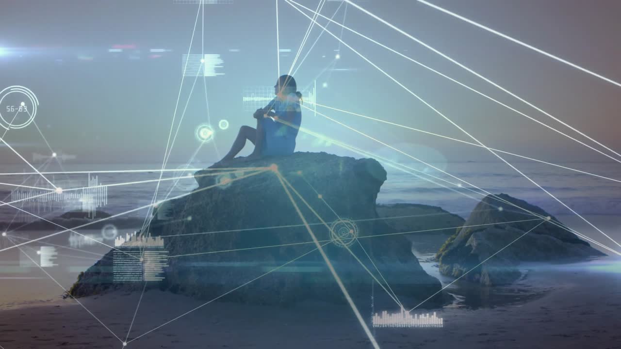 Woman stepping onto rock at dawn, crouching, reflecting as digital network nodes forming around her