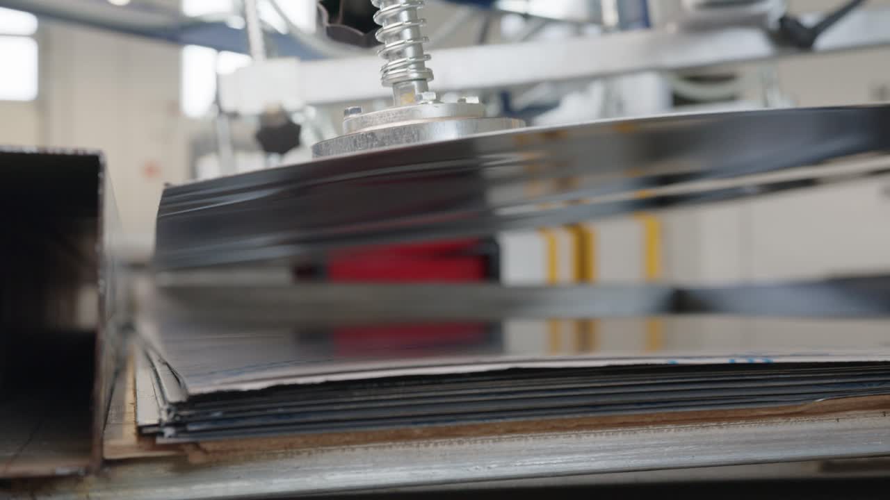 Industrial machine moving metal sheet in steel factory, close up