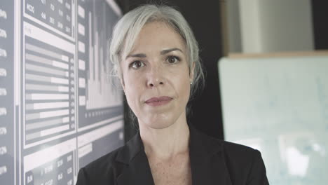 confident female trading expert posing near big screen