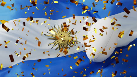 animación de confeti sobre una pelota blanca de rugby y la bandera de argentina