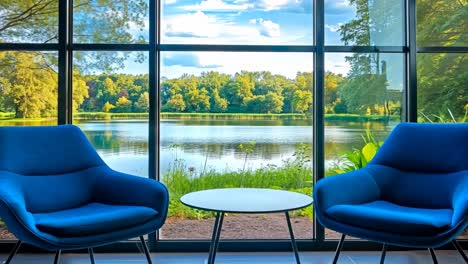 two blue chairs and a table in front of a large window with a view of a lake