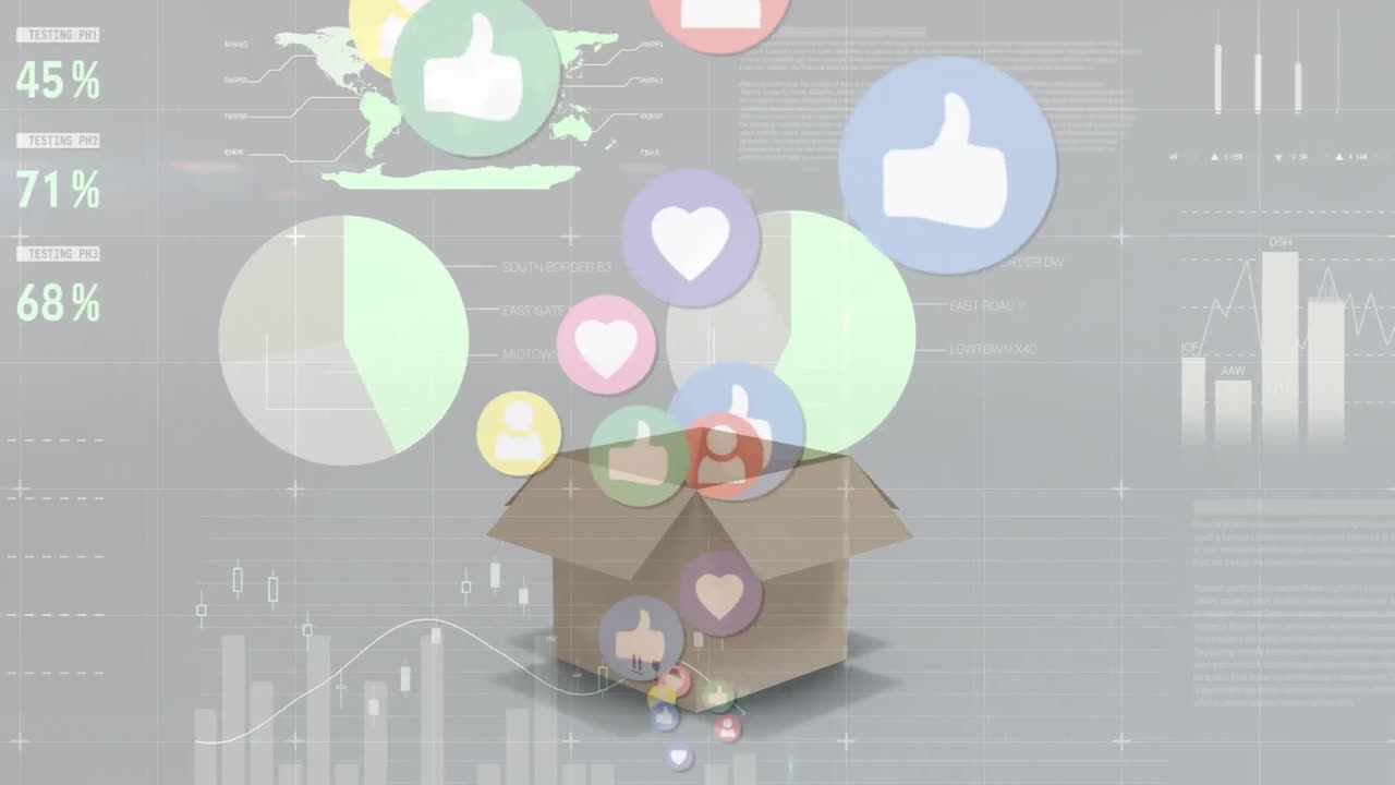 아이콘의 애니메이션과 금융 데이터 처리가 상자 위에