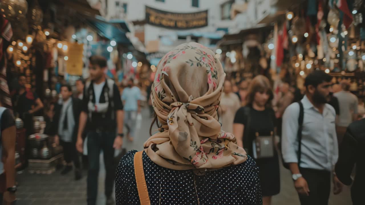 Rear view of a woman in a floral headscarf walking through a crowded Middle Eastern bazaar, surrounded by people, shops and warm lights, capturing urban travel and cultural atmosphere