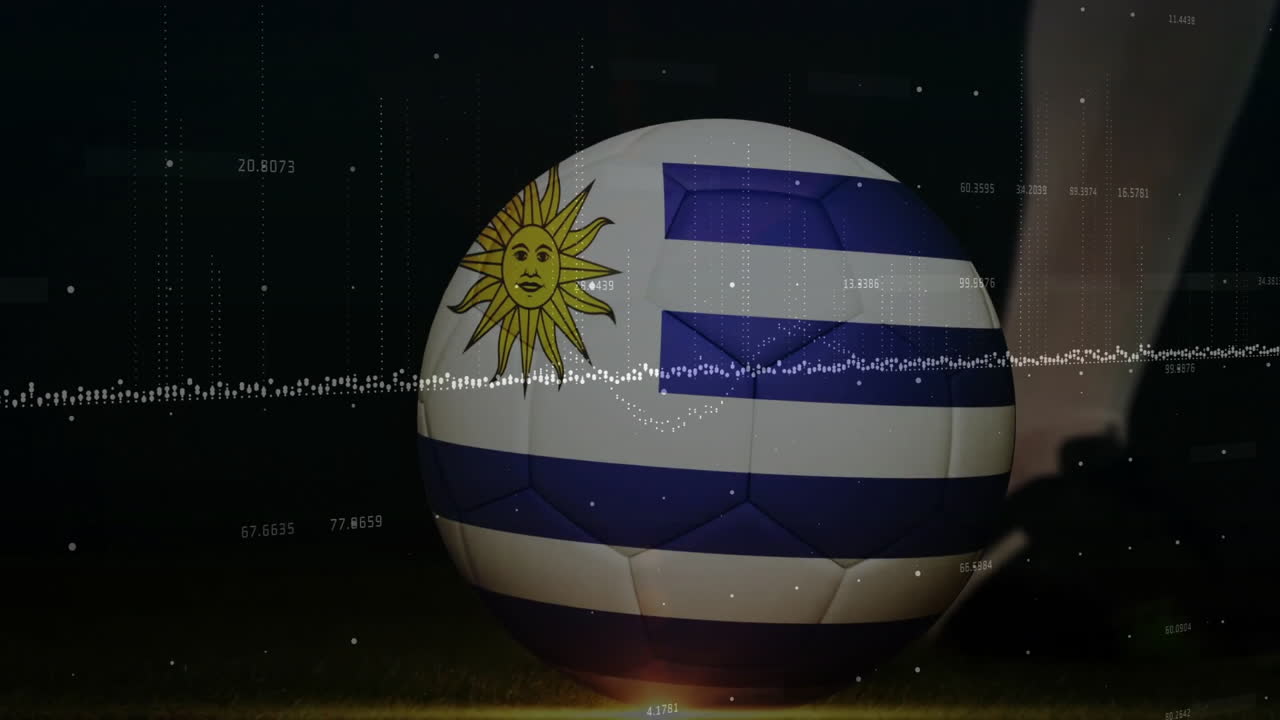 Uruguay flag on soccer ball with data processing animation over dark background