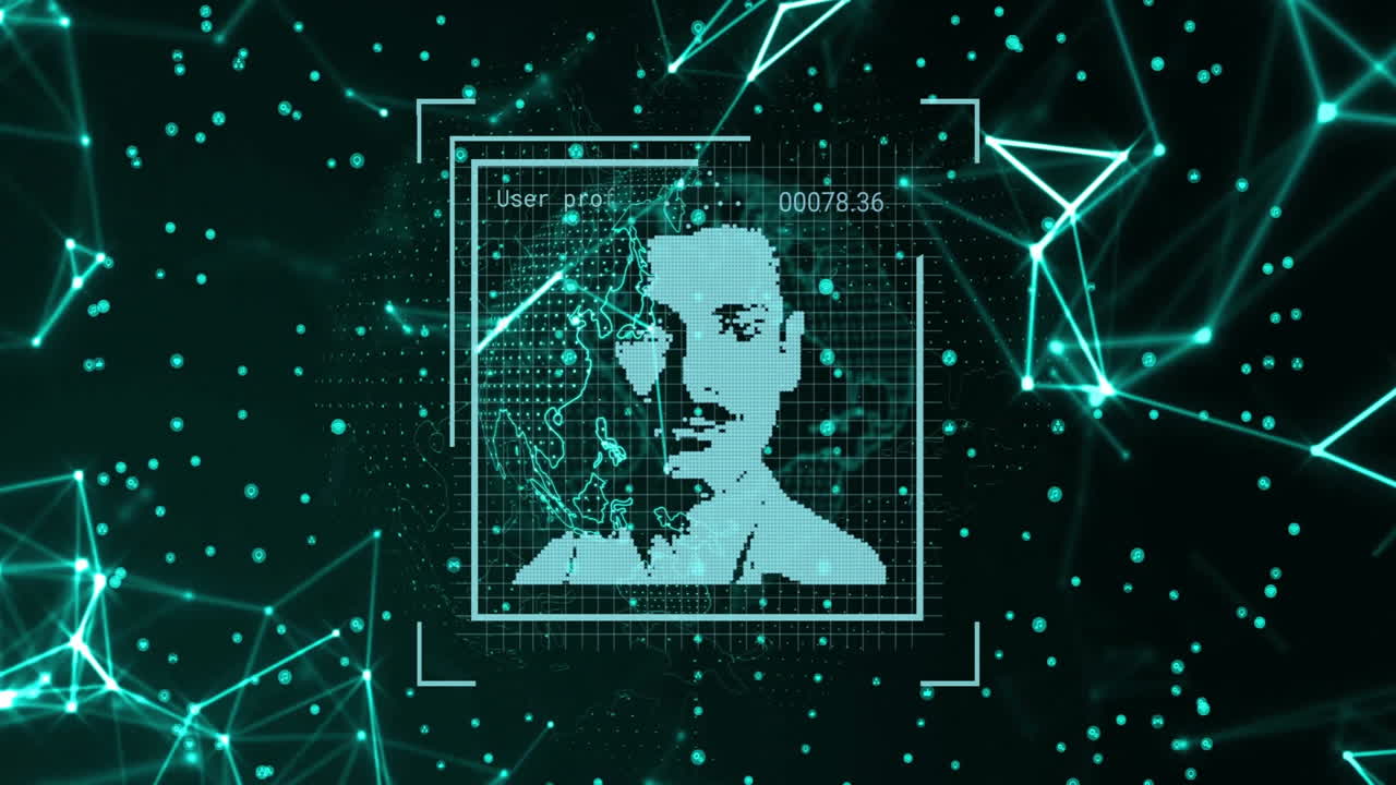 Face scan with geometric patterns and data points on dark background in animation