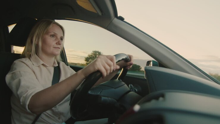 Conducente di mezza età guida l'auto al tramonto
