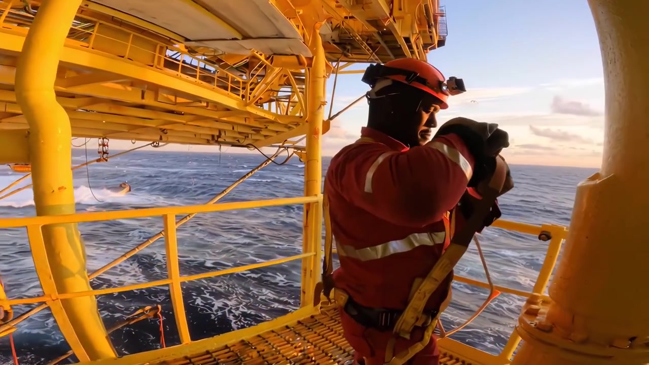 Operaio su piattaforma petrolifera offshore che ispeziona l'attrezzatura al tramonto