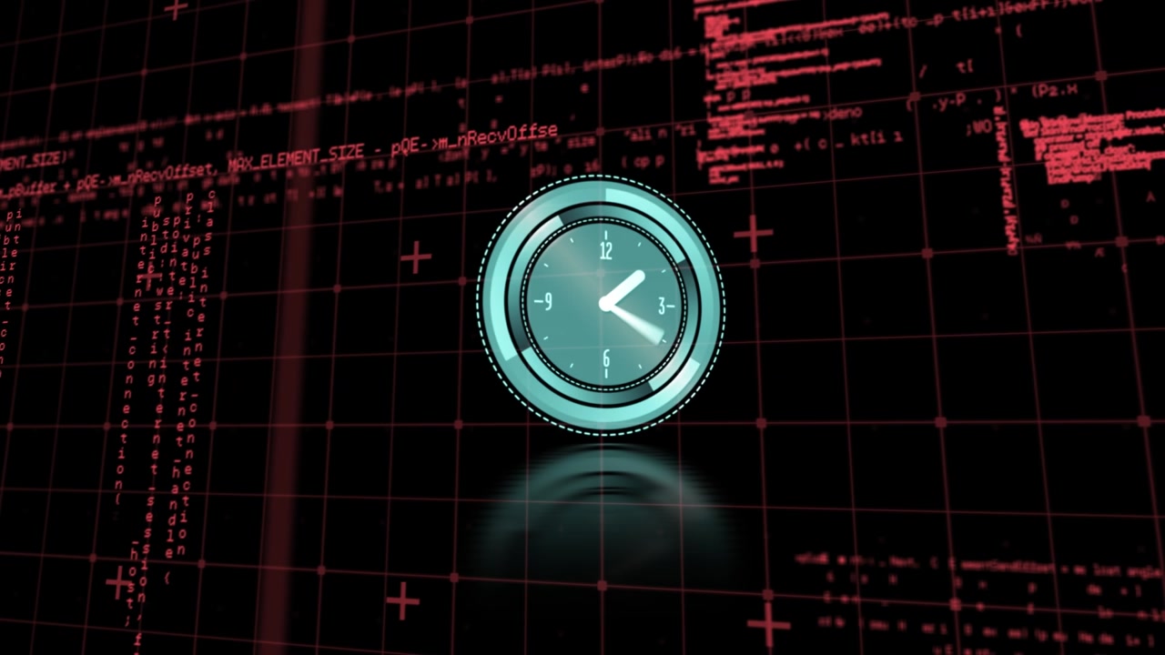 Animation of clock over data processing on black background
