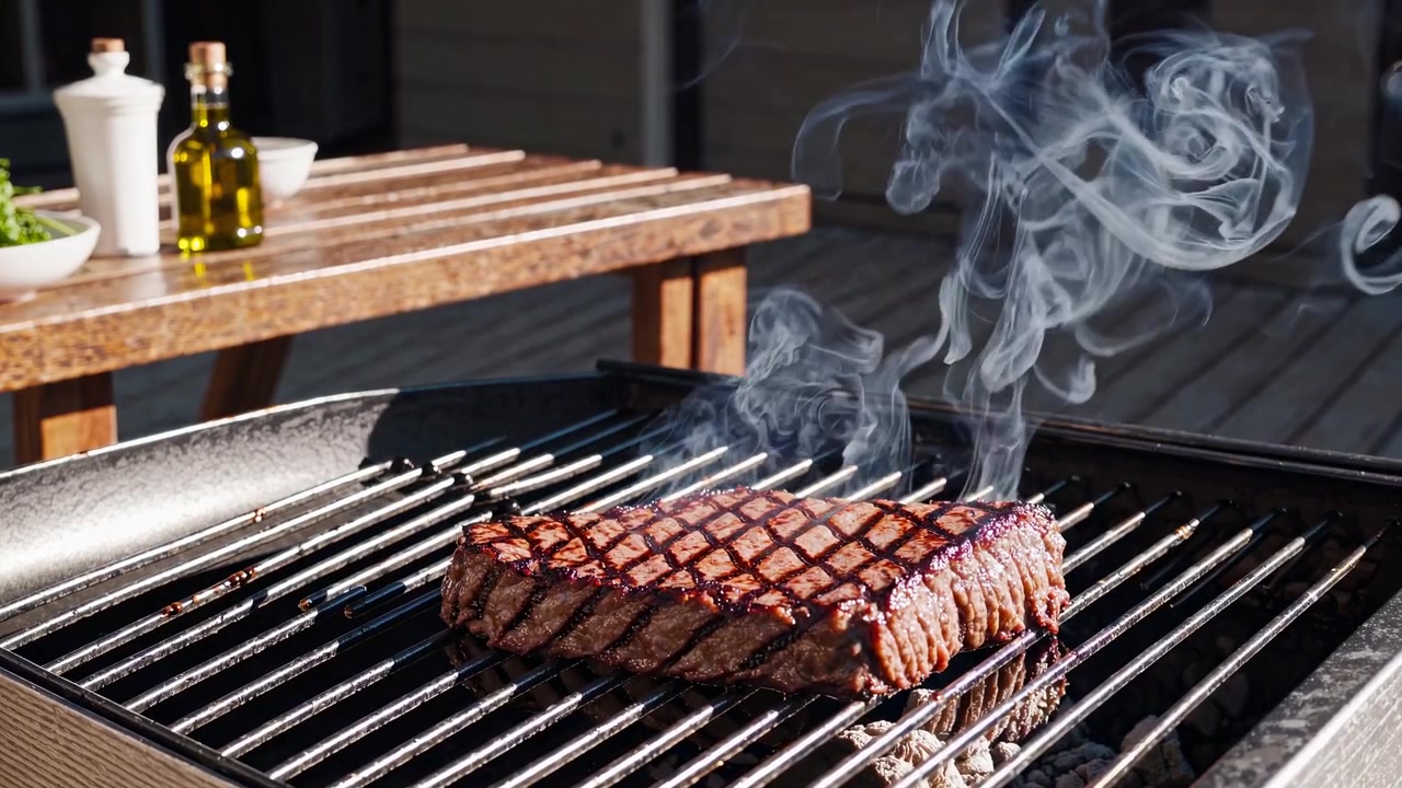 Squisita bistecca che cuoce su una griglia all'aperto con fumo
