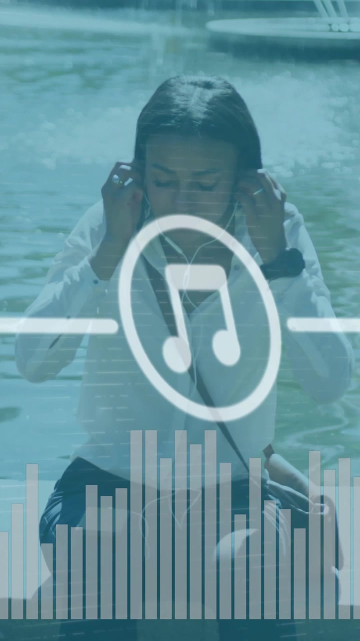 Digital icons and music equalizer against woman wearing earphones listening to music outdoors