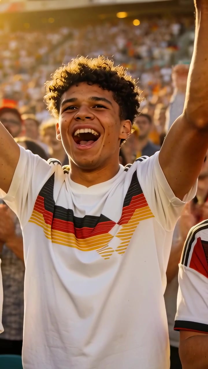 Video vertical: Aficionado adolescente animando y levantando los puños, luego sonriendo tras un gol en el estadio, vistiendo una camiseta
