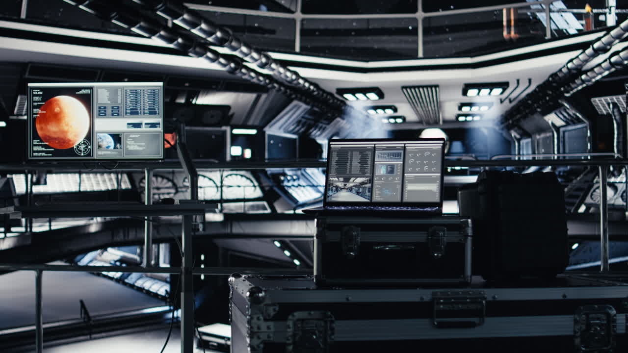 Laptop inside high tech spaceship cockpit running data analysis of Mars