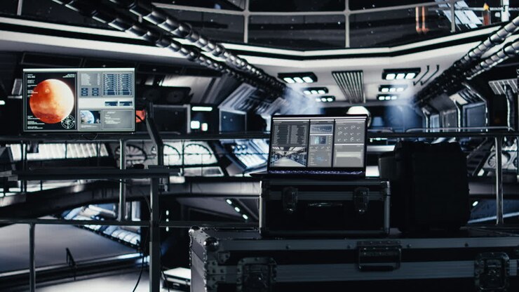 Laptop inside high tech spaceship cockpit running data analysis of Mars