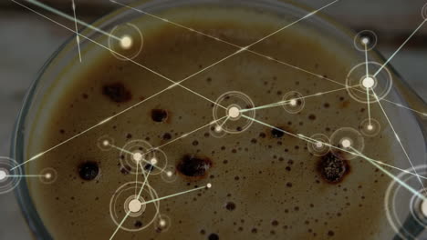 espresso crema swirling under digital network overlay, highlighting foam bubbles and glowing nodes