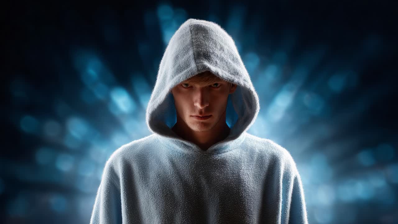 A Mysterious Figure Enveloped in a Hooded Cloak Stands Amidst a Mesmerizing Radiant Background, Exuding a Sense of Intrigue and Enigma in Two Captivating Frames